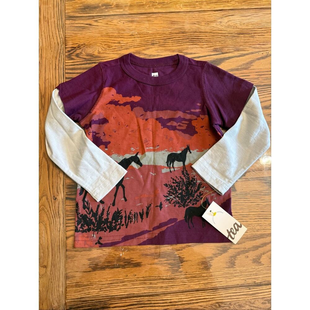 Tea Collection Purple White Horse Layered Long Sleeve Graphic T-Shirt Sz 2T NWT